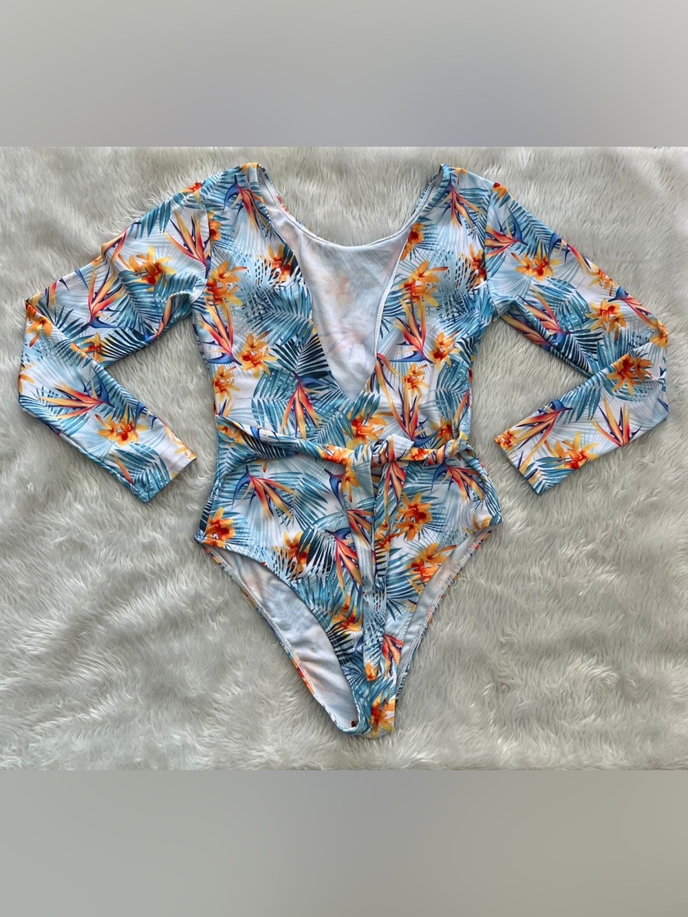 Women’s Tropical Floral Long Sleeve One-Piece Swimsuit - Blue & Orange NWT SMALL